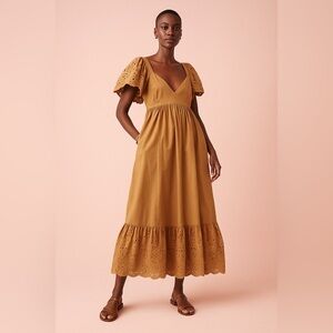 En Saison Anthropologie Dress Womens Medium Khaki Tan Eyelet Poplin Midi